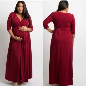 PinkBlush Burgundy Draped 3/4 Sleeve Maternity Maxi Dress